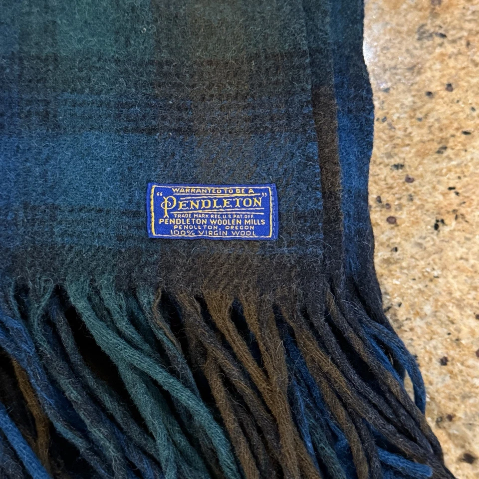 Vintage Pendleton Teal Blanket 100% Wool Fringed Plaid Pre-1950 Label 50x72” - Image 2 of 4