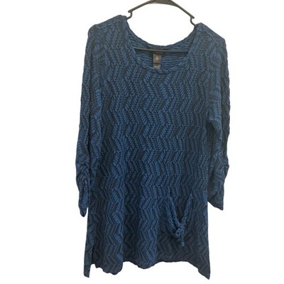 Ali Miles Womens Tunic Top Size Large Blue Black Boho Lagenlook Pocket Crinkle