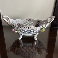 Vintage Dresden Germany Reticulated Porcelain Fruit Basket Gilt Floral Bowl