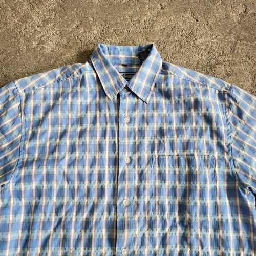 Vintage Y2K Point Zero Gingham Shirt Size M Blue Textured Button Up Summer Beach - Picture 2 of 9