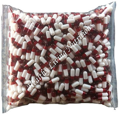 1000 EMPTY GELATIN CAPSULES gel ~SIZE 0 ~ Colored White/Red (Kosher/Halal))