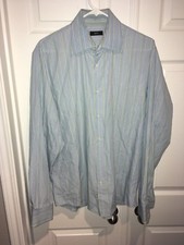 HUGO BOSS Men's 17 36/37 Regular Fit Green Blue Striped Long Sleeve Button Dress