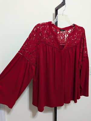 Lane Bryant Women's Plus Red Top Lace V Neck Long Sleeve Blouse Size 22/24