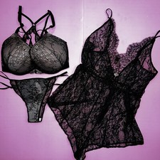 NWT Victoria's Secret 32DDD BRA SET strappy panty M ROMPER teddy BLACK lace mesh