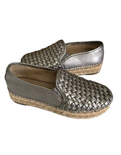 SAM EDELMAN CATHERINE Metallic Gray Leather Espadrille Loafers US 6.5 EUC