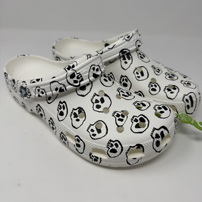 Crocs Classic Clogs Mens 11 White Skull Print Black Comfort Slip On Sandal Shoes
