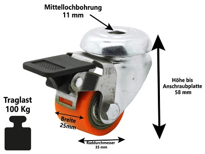 Polyurethan Rückenloch Bremsrolle Ø 35 mm extrem Kompakt Schwerlast Rolle 100 Kg