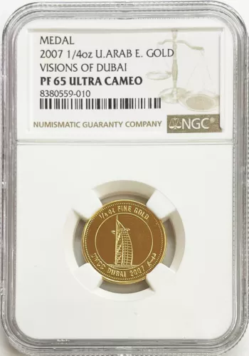 2007 GOLD UNITED ARAB EMIRATES 1/4 OZ VISIONS DUBAI KHALIFA MEDAL NGC PF 65 UC