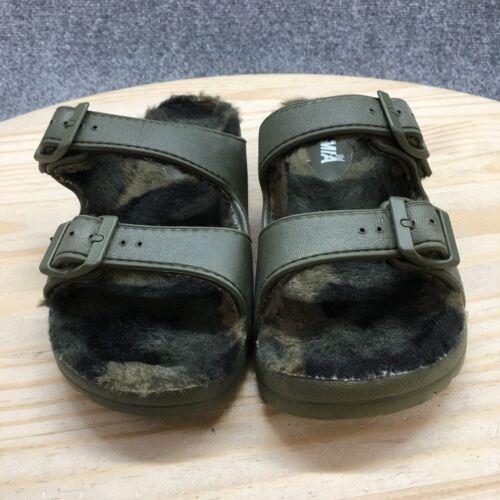 Mia Sandals Womens 7 Slip On Slides Olive Casual Open Toe Buckle Strap Faux Fur - Picture 4 of 17
