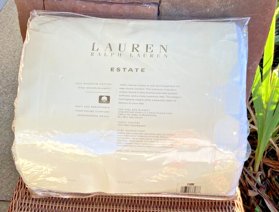 New Lauren Ralph Lauren Estate Herringbone Ringspun Cotton King Blanket