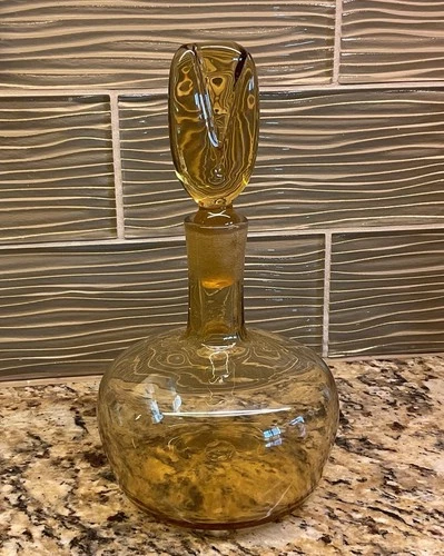 Blenko Handblown Glass 6944 Lollipop Decanter  In Wheat Color 1969 9.5"