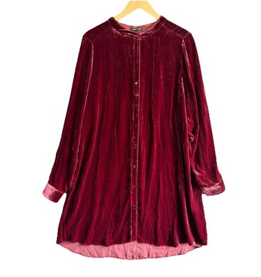 Eileen Fisher Tunic Top XL Red Shirt Dress Silk Velvet Button Front Mandarin Col