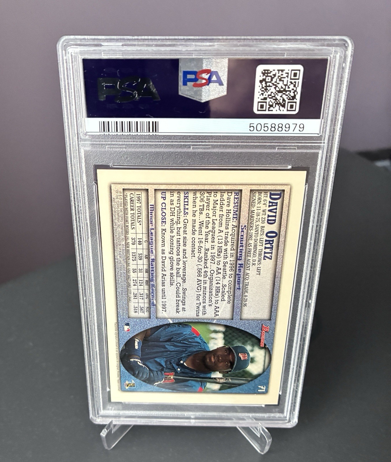 1998 Bowman #71 David Ortiz RC PSA 9 Mint Boston Red Sox HOF view 2