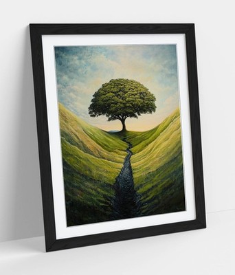 SCHÖNER GRÜNER BAUM AUF EINEM HÜGEL - GERAHMTES WANDBILD POSTER PAPIERDRUCK