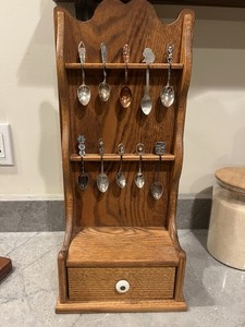 Vintage Oak Spoon Display Rack Wall Shelf w Drawer With 10 Spoons Cottagecore