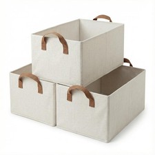 3 Pack Storage Bins Fabric Collapsible Organizers with Handles Sturdy Canvas ...