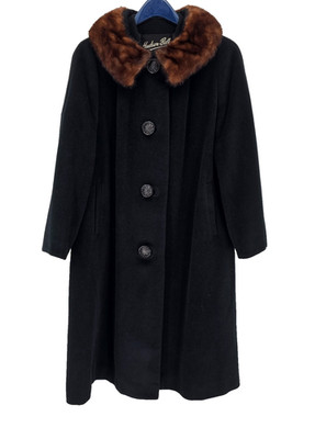 Vintage 1950s 60s Hudson Belk Black Wool Swing Coat Brown Mink Collar Union Made