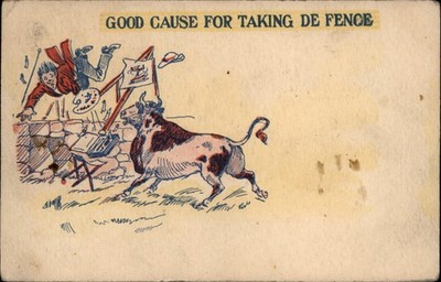 Comic Taking De Fence artist palette bull 1909 to Washington MO postcard