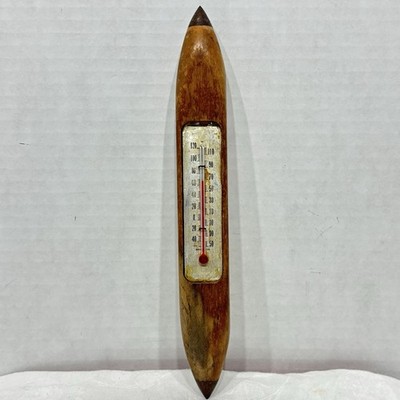 Vintage Wooden Weaving Shuttle With Thermometer Wall Hanging Brass Tips 10  Tall