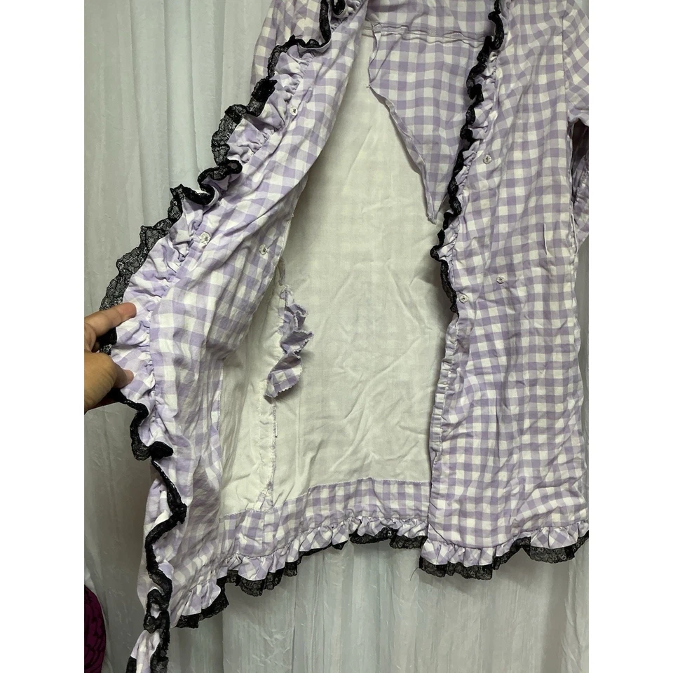 Vestido De Colección Años 60/70 Púrpura Envolvente de Guinga Negro Encaje Volantes Hecho en Unión EE. UU. S/M Foto 3 de 4