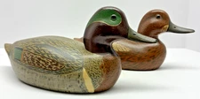 Hand Painted Original Pair Of Green Wing Teal Wooden Duck Decoys w/ Glass Eyes