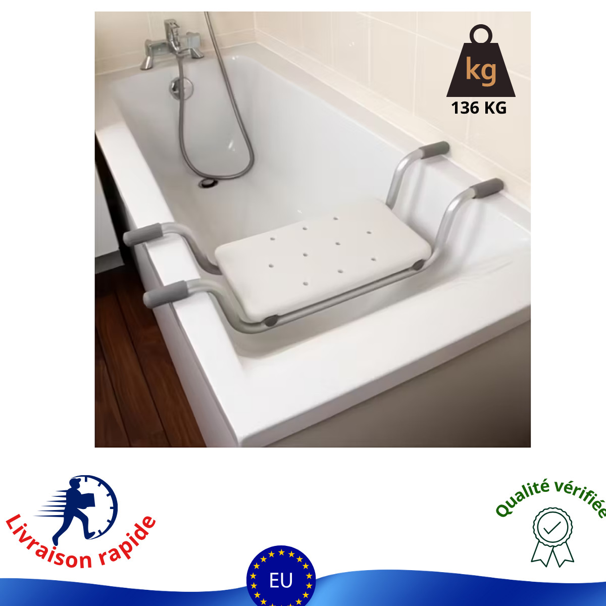 Tabouret de bain haut de gamme bois noble et aluminium assise sécurisée 136kg