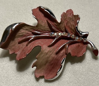Vintage BSK Autumn Leaf Brooch Brown Rose Enamel AB Rhinestones Silver Tone 1950