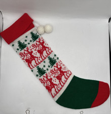 Vintage Long Knit Christmas Stocking Reindeer With Trees Pom Pom 22"