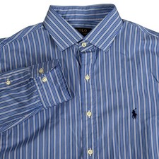Polo Ralph Lauren Mens 17 32-33 Blue White Striped Cotton Button Down Shirt Pony