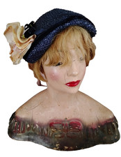 40s 50s Navy Blue Synthetic Straw Hat with Peach Rose, Rhinestones, Velvet Trim