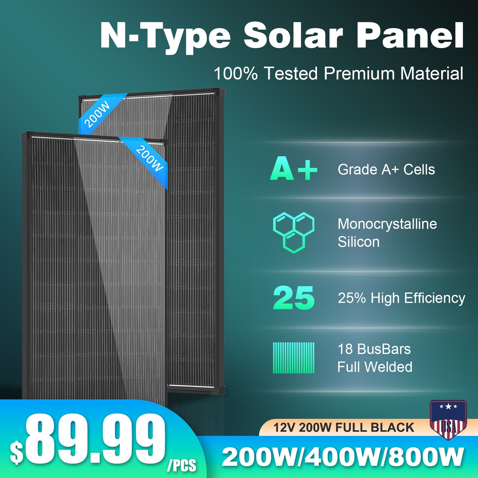 800W 400W 200W Watt 12V Solar Panel N-type 18BB Battery Charge RV  Home Off-Grid