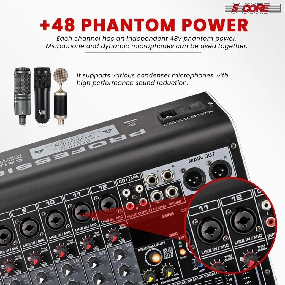 5Core Audio Mixer 12 Channel DJ Soundboard USB Interface Bluetooth XLR Console - Image 3 of 4