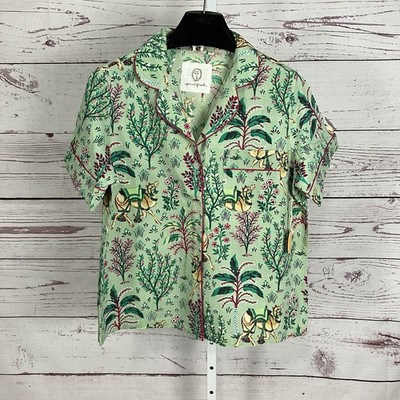 Printfresh Camel Courtyard Avocado Pajama Top Small Short Sleeve Button SS