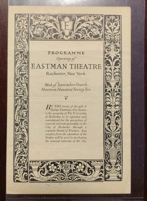 Eastman Theatre Rochester Ny Opening Week Original Sept 4th Program Rare