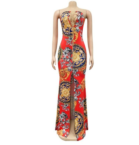 NEW  Women Sexy Backless Strapless Lace UP Chain Slit Print Party  Maxi Dress #P