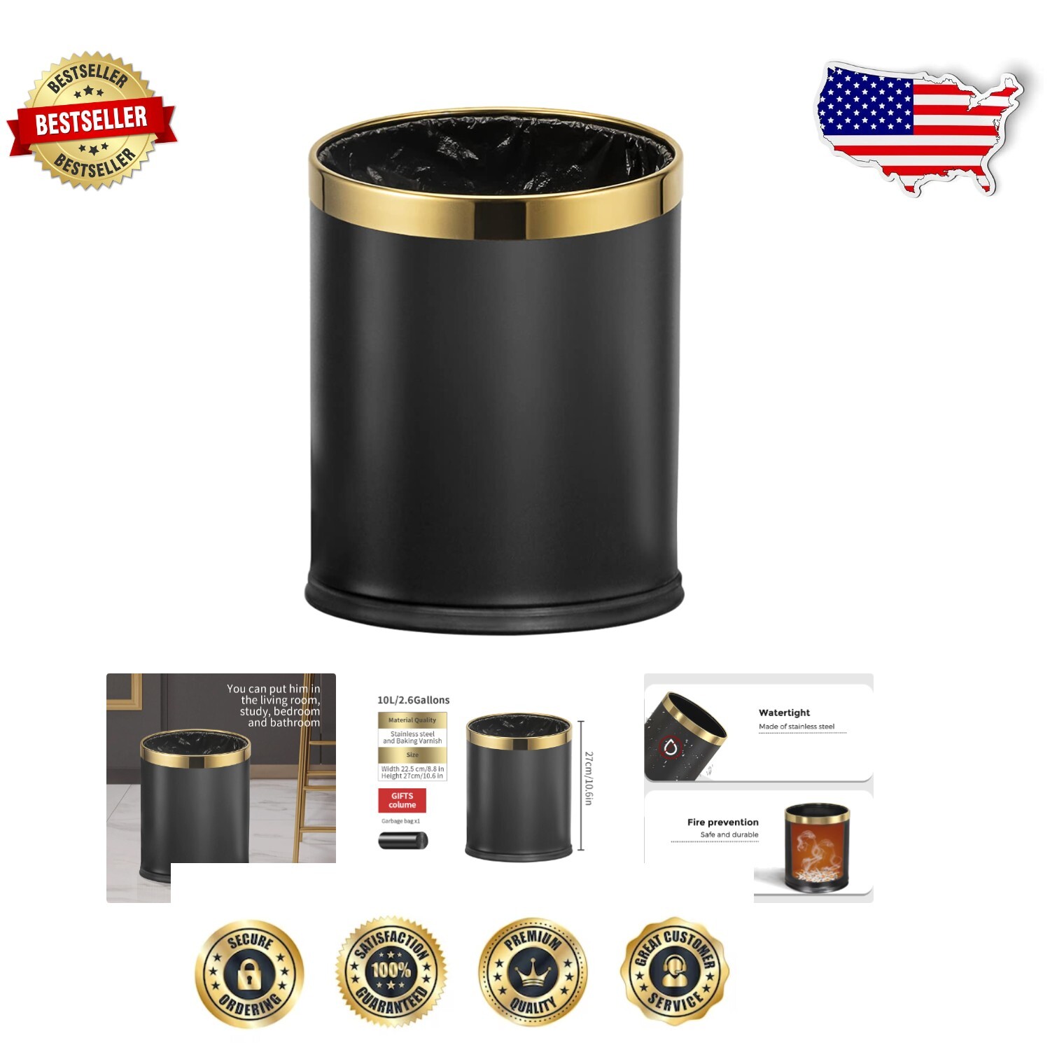 Stylish Black and Gold 10L Metal Trash Bin - Versatile for Home and Office