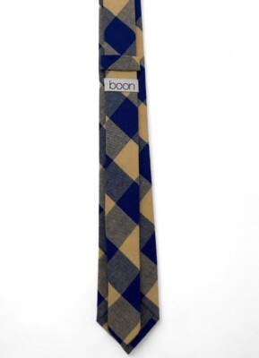 Boon Skinny Cotton Mens Neck Tie Blue And Yellow Plaid Hand Made