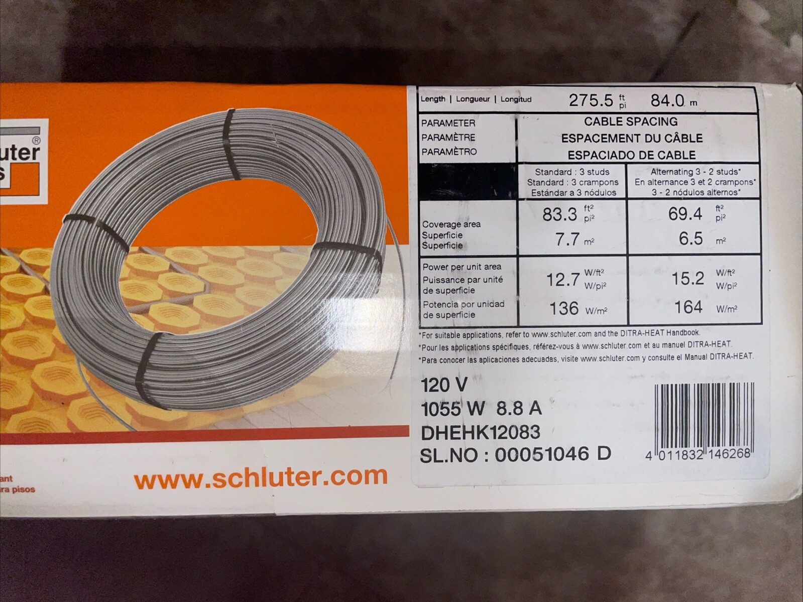 Schluter Ditra-Heat Cable 120V / 275.5 Ft New In Sealed Box