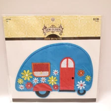 Iron-on Fabric Patch Blue Camper Flowers Quilt Appliqué Embellishment Crafting