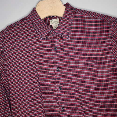 LL Bean Shirt Mens XXL Reg Red Green Plaid Button Up Heavyweight Cotton