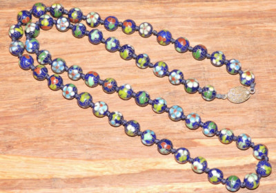 VTG Chinese Export Blue Cloisonne Floral Bead Sterling Silver 925 Clasp Necklace