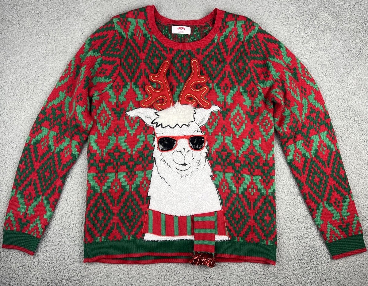 Holiday Time Men's L 3D Llama Ugly Christmas Sweater Double Sided