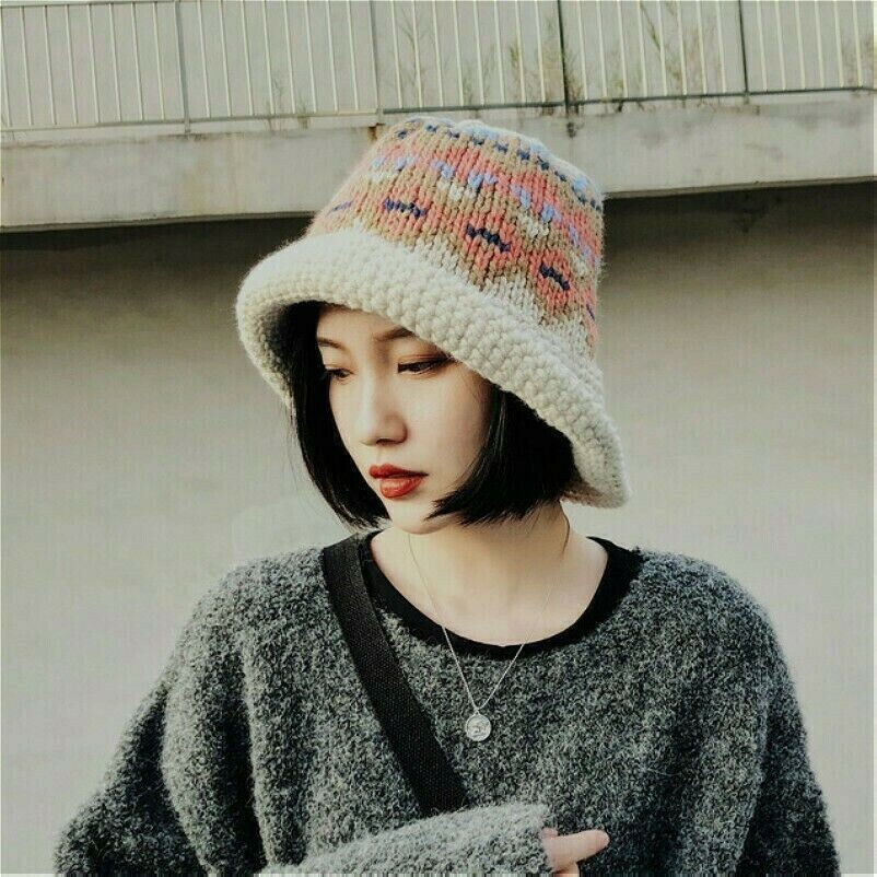 Lady Girls Crochet Knit Bucket Hats Pattern Baggy Warm Woollen Caps Retro  Cute