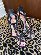 Betsey Johnson Sz 7 1.2 Black Peep Toe Multi Rhinestone 3 Heel Satin Pumps