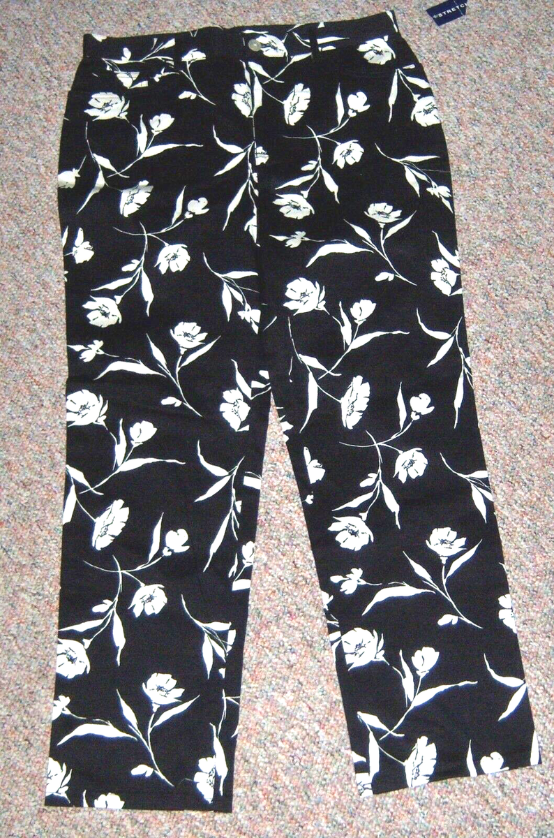 CHAPS Black White Floral Print 5-Pocket Crop Ankle Pants Inseam 29