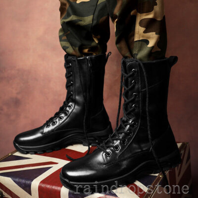 Mens Military Boots High Top Lace Up Shoes Side Zip Combat Mid