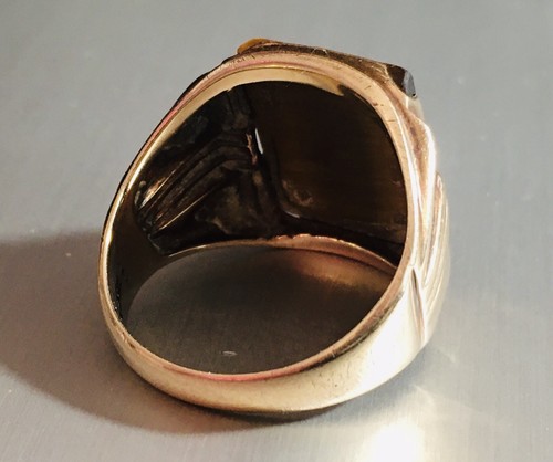 10k Yellow Gold Men's Tiger Eye & Knights Head Cameo Ring, Size 8 - Picture 6 of 10