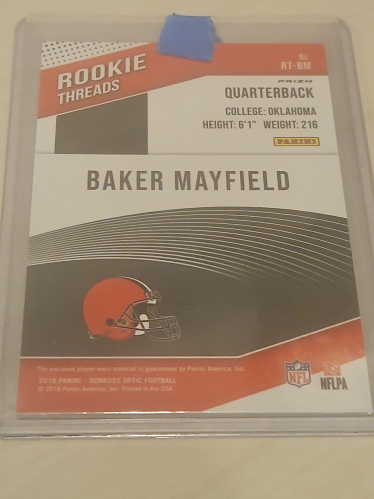 baker mayfield 2018 panini game used jersey relic card worn rookie threads rc  view 2