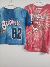 2 Buc-ee s "Beavers 82" Tie-Dye Baseball T-Shirts Youth Medium GUC Blue Red