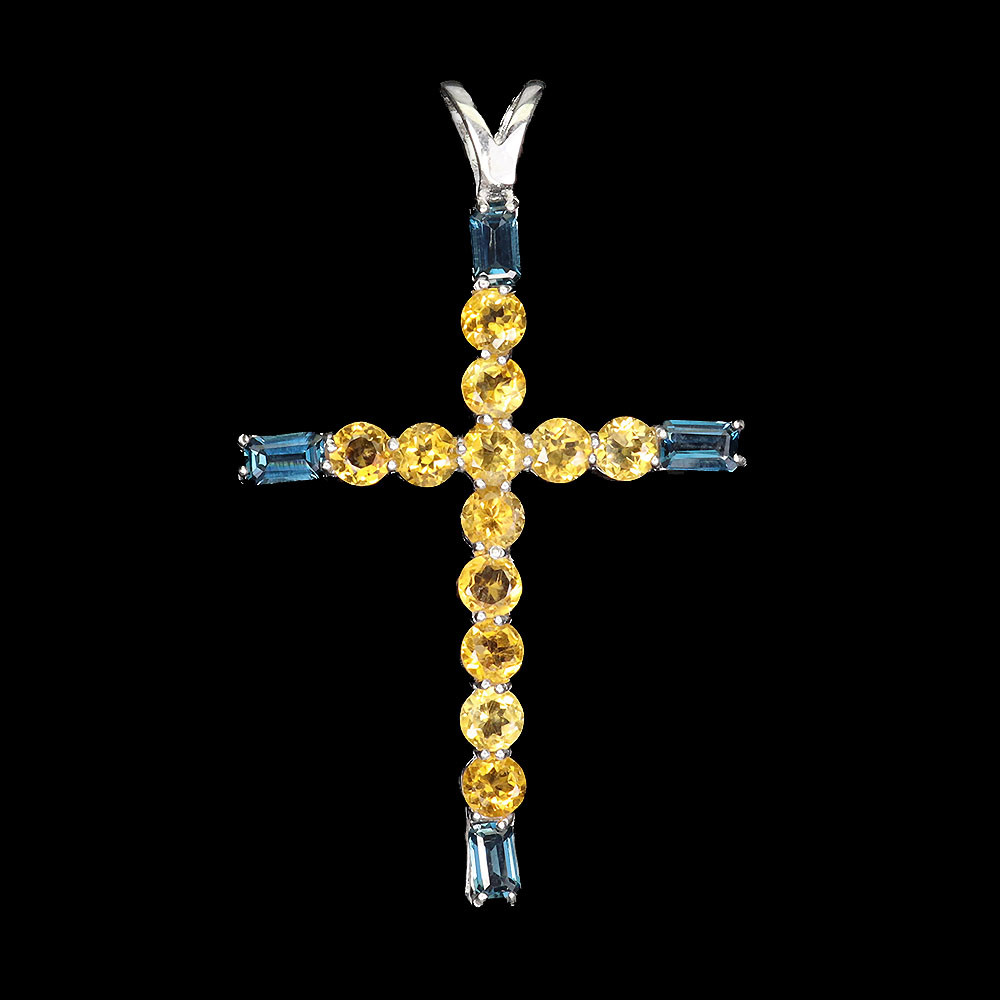 925 Sterling Silver Octagon Pendant with London Blue Topaz and Citrine Gemstones